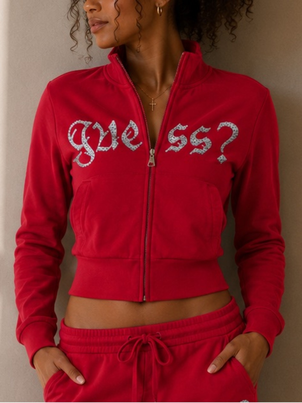 Y2K Guess Red Rhinstone Zip Up Sweater